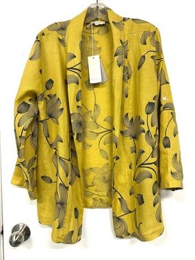 Bellambra NEW Lagenlook linen jacket Large Womens mustard black print floral